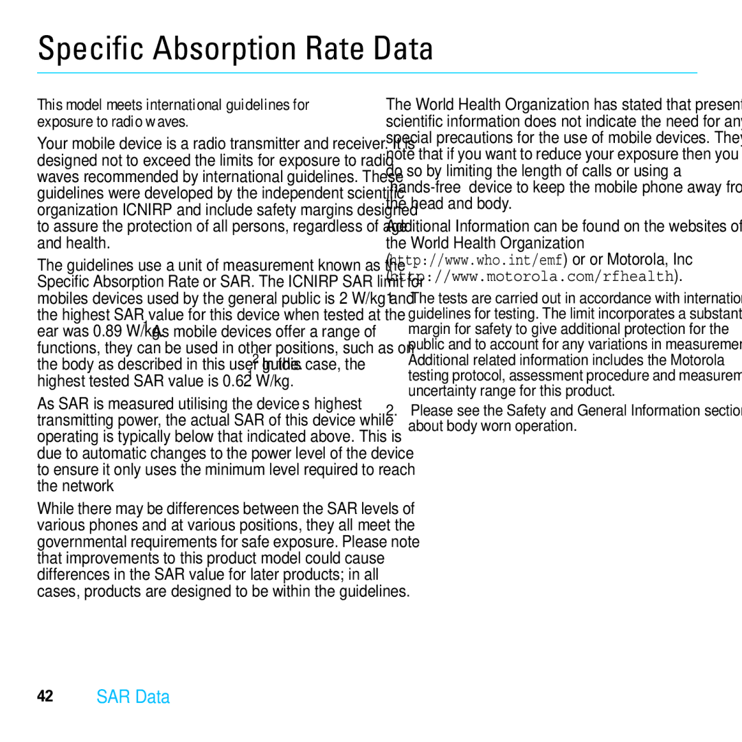 Motorola 6803632F58 quick start Specific Absorption Rate Data 