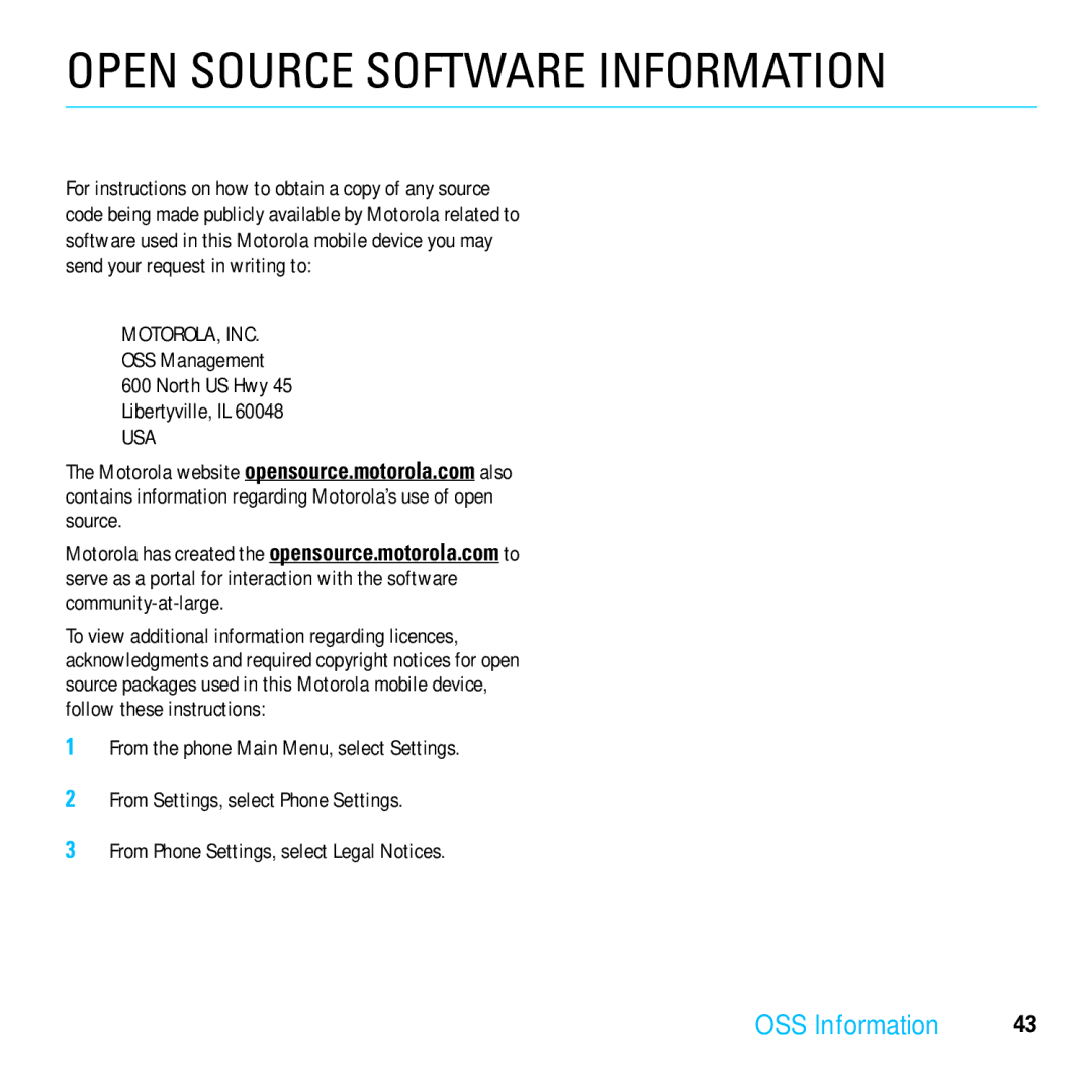 Motorola 6803632F58 quick start Open Source Software Information, OSS Management North US Hwy Libertyville, IL 60048 USA 