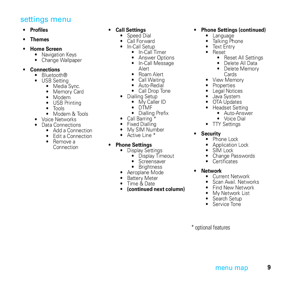 Motorola 6803632F58 quick start Settings menu, Connections 