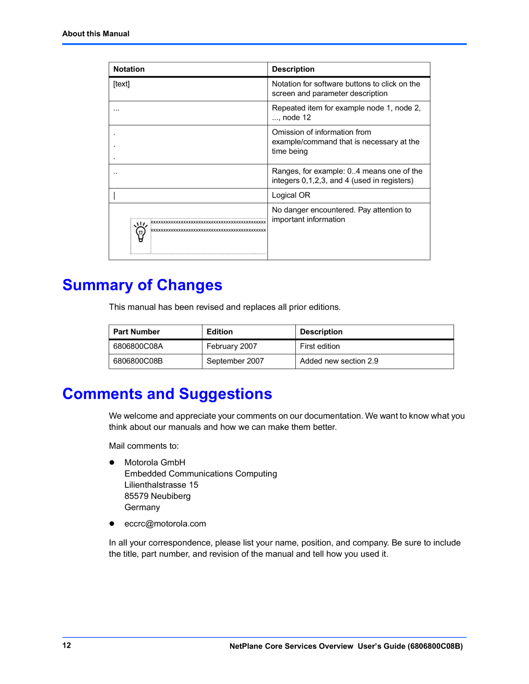 Motorola 6806800C08B manual Summary of Changes, Comments and Suggestions, About this Manual Notation Description 