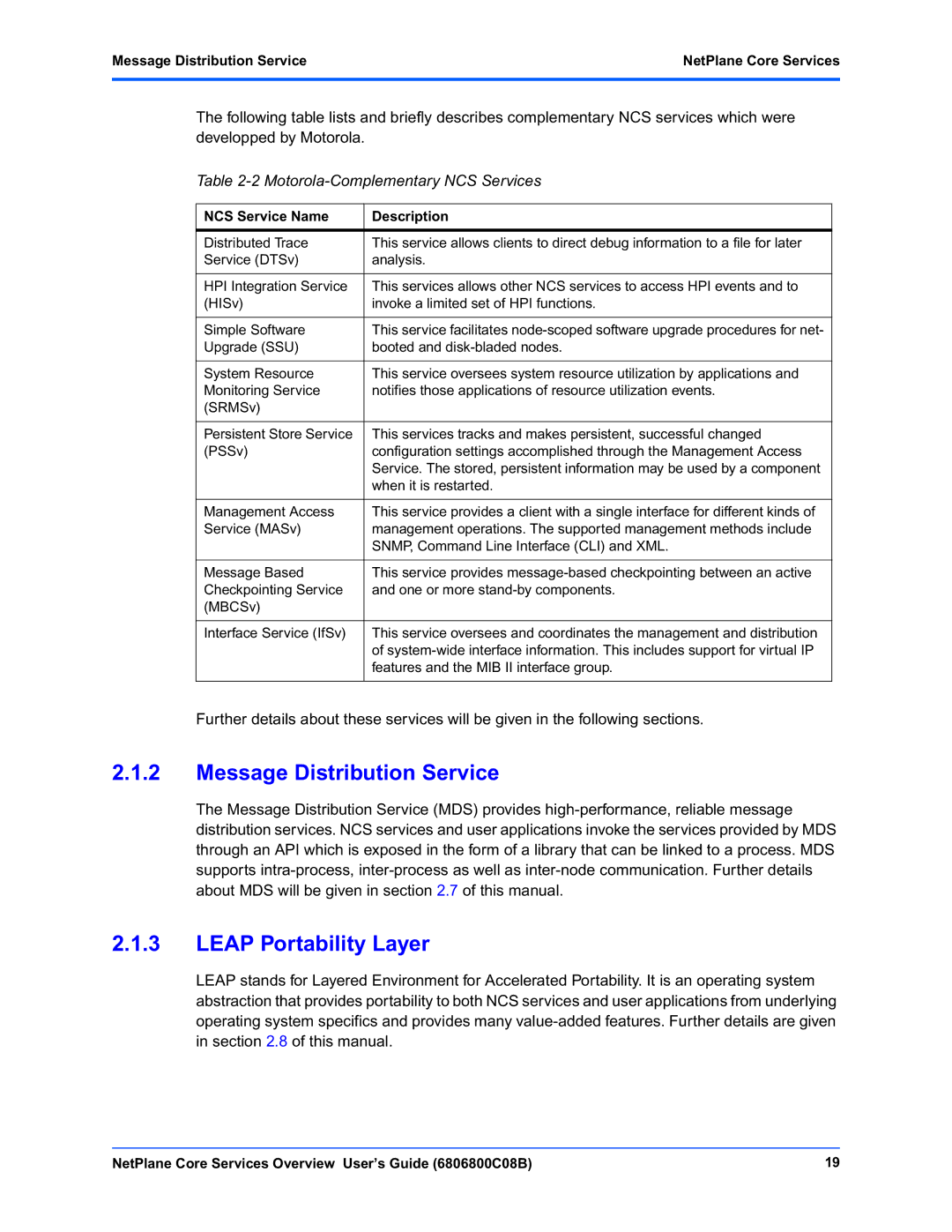 Motorola 6806800C08B manual Message Distribution Service, Leap Portability Layer, NCS Service Name Description 