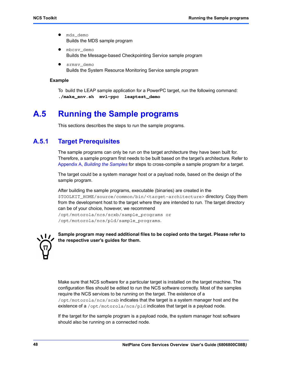 Motorola 6806800C08B manual Target Prerequisites, NCS Toolkit Running the Sample programs 