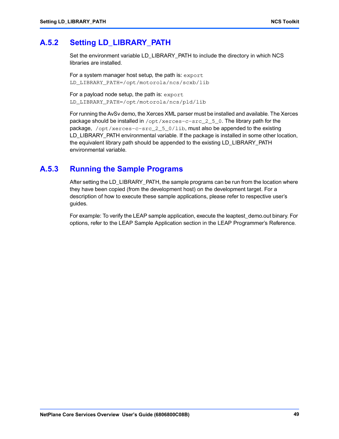 Motorola 6806800C08B manual Running the Sample Programs, Setting Ldlibrarypath NCS Toolkit 