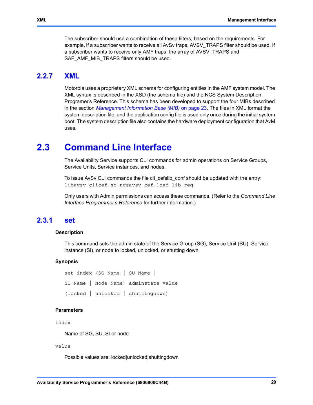 Motorola 6806800C44B manual Command Line Interface, 7 XML, 1 set 