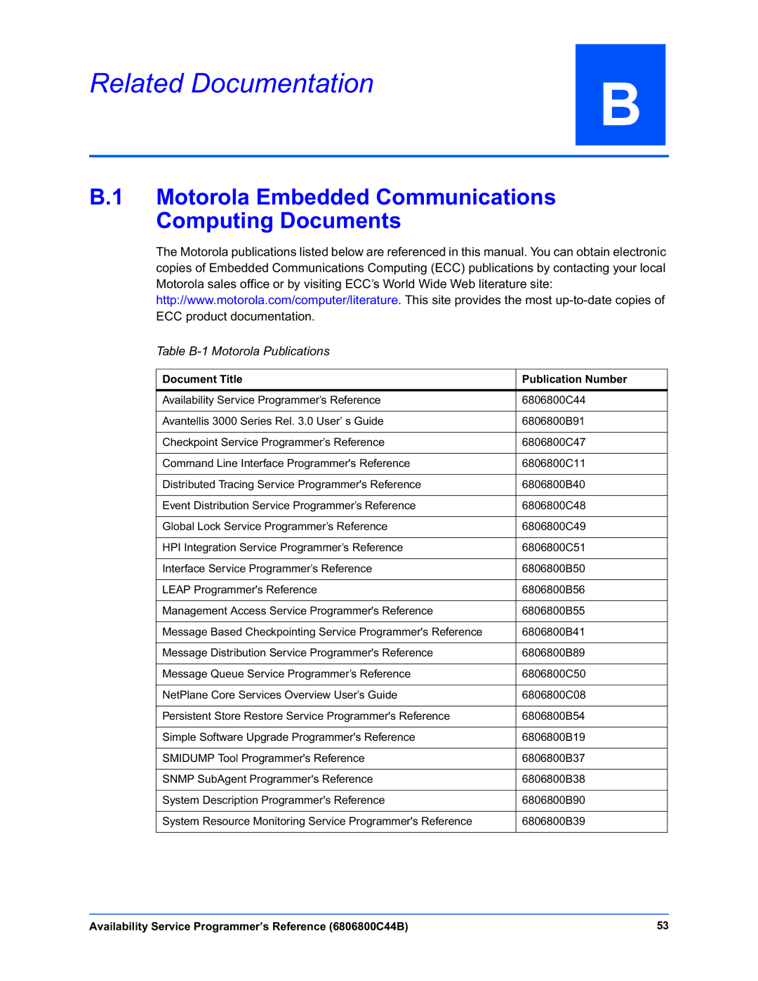 Motorola 6806800C44B manual Related Documentation, Motorola Embedded Communications Computing Documents 