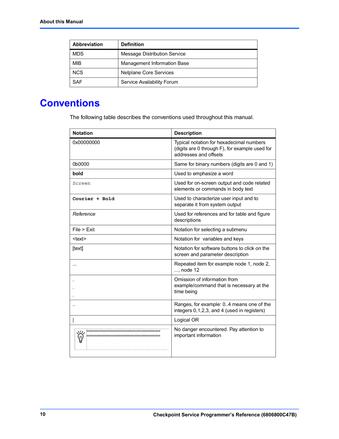 Motorola 6806800C47B manual Conventions, About this Manual Abbreviation Definition, Notation Description, Bold 