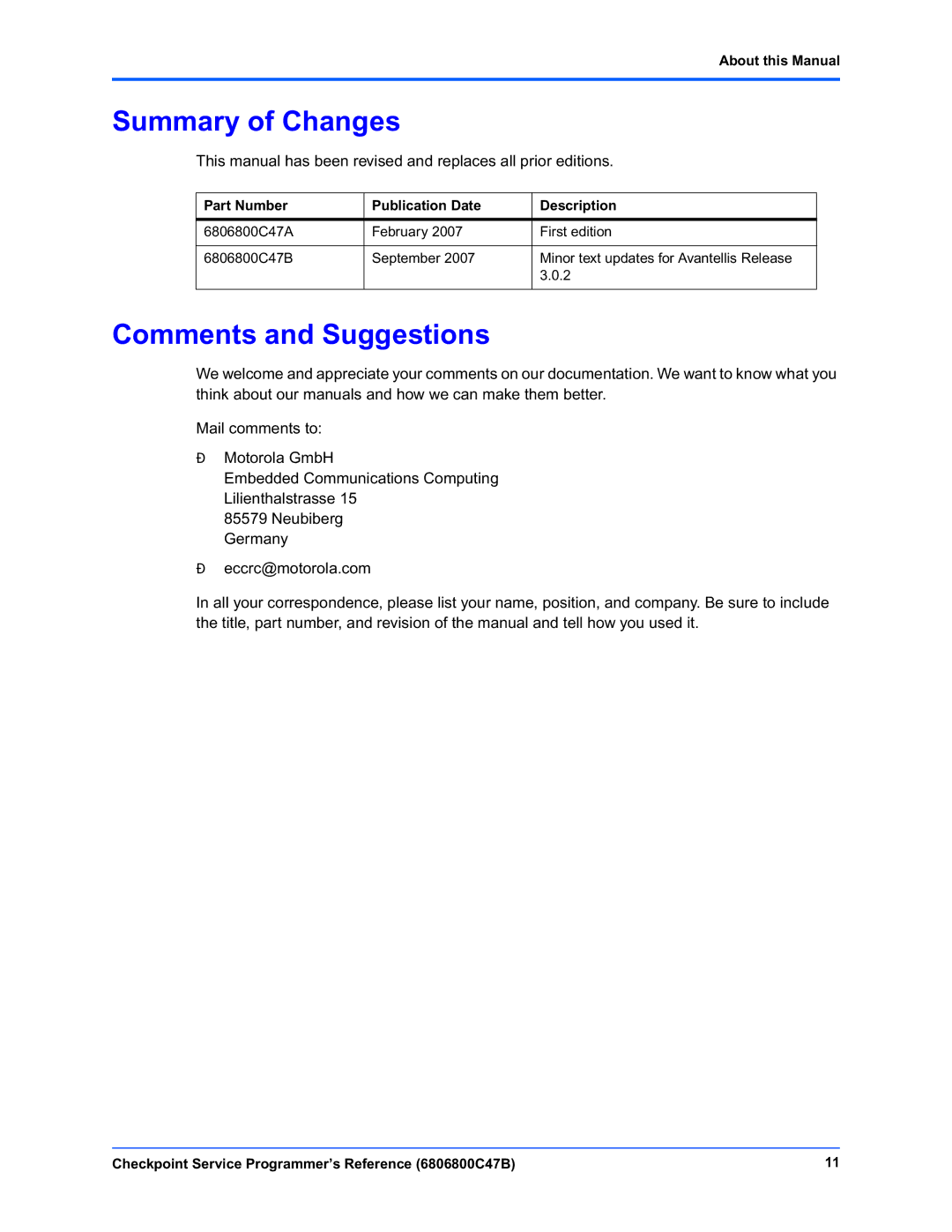 Motorola 6806800C47B manual Summary of Changes, Comments and Suggestions, About this Manual 