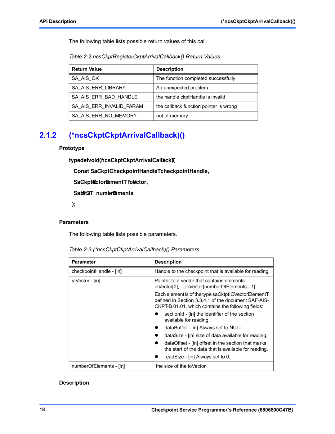 Motorola 6806800C47B manual 2 *ncsCkptCkptArrivalCallback, NcsCkptRegisterCkptArrivalCallback Return Values 