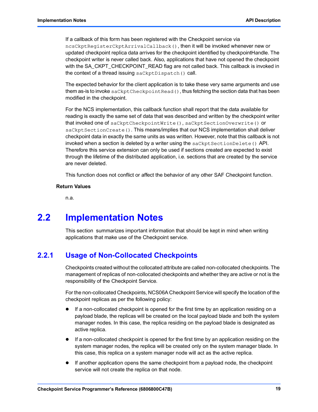 Motorola 6806800C47B manual Usage of Non-Collocated Checkpoints, Implementation Notes API Description 