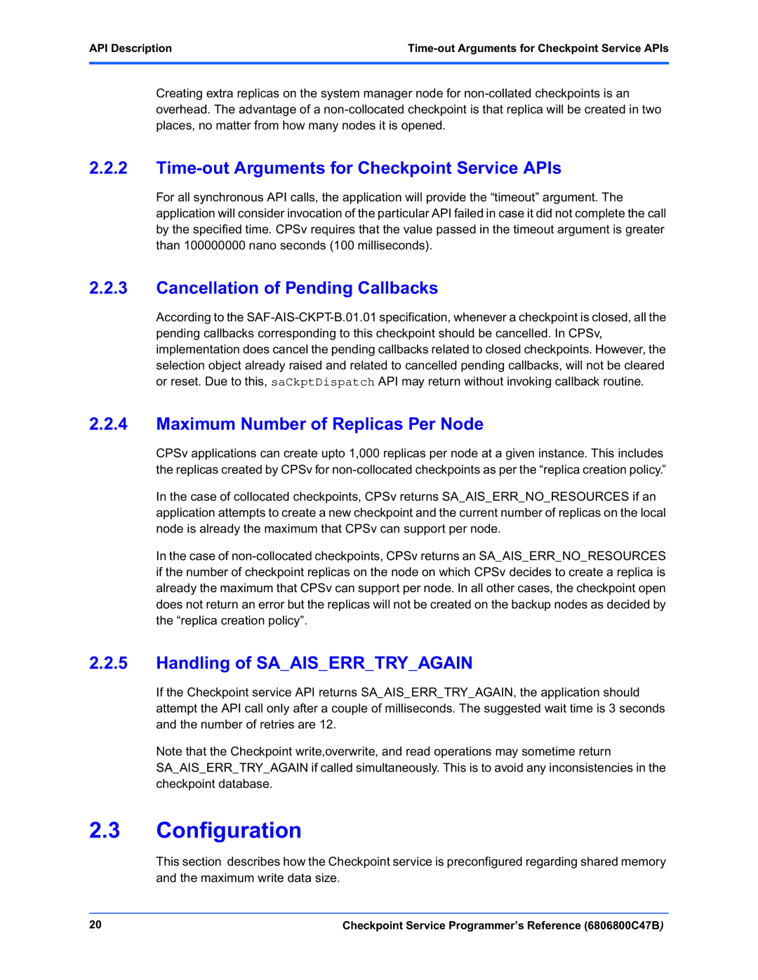 Motorola 6806800C47B Configuration, Time-out Arguments for Checkpoint Service APIs, Cancellation of Pending Callbacks 