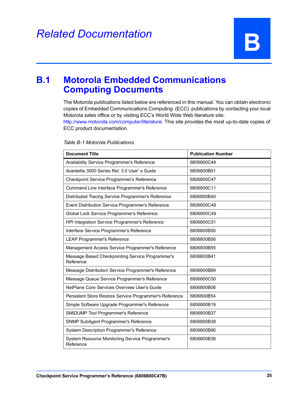 Motorola 6806800C47B manual Related Documentation, Motorola Embedded Communications Computing Documents 