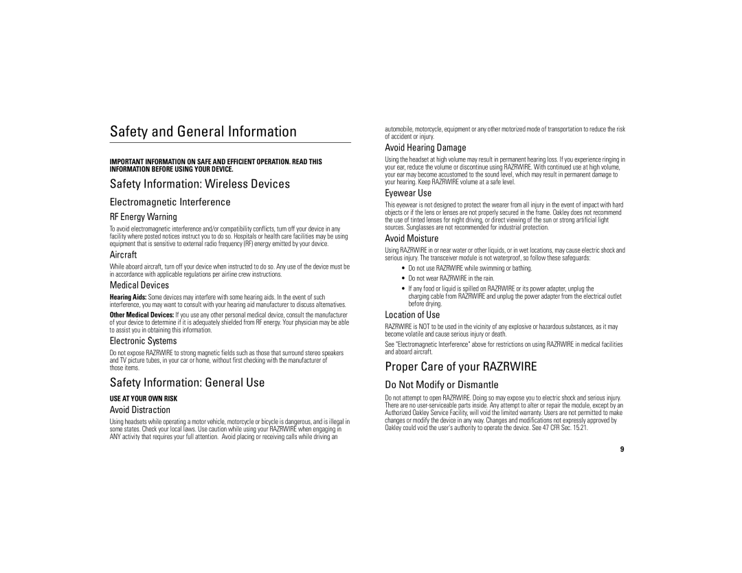 Motorola 6809494A40-O Safety and General Information, Safety Information Wireless Devices, Safety Information General Use 