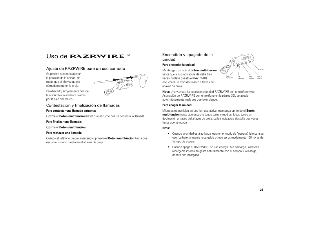 Motorola 6809494A40-O manual Uso de, Ajuste de Razrwire para un uso cómodo, Contestación y finalización de llamadas 