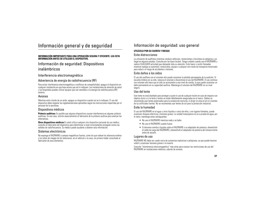 Motorola 6809494A40-O manual Información general y de seguridad, Información de seguridad Dispositivos inalámbricos 