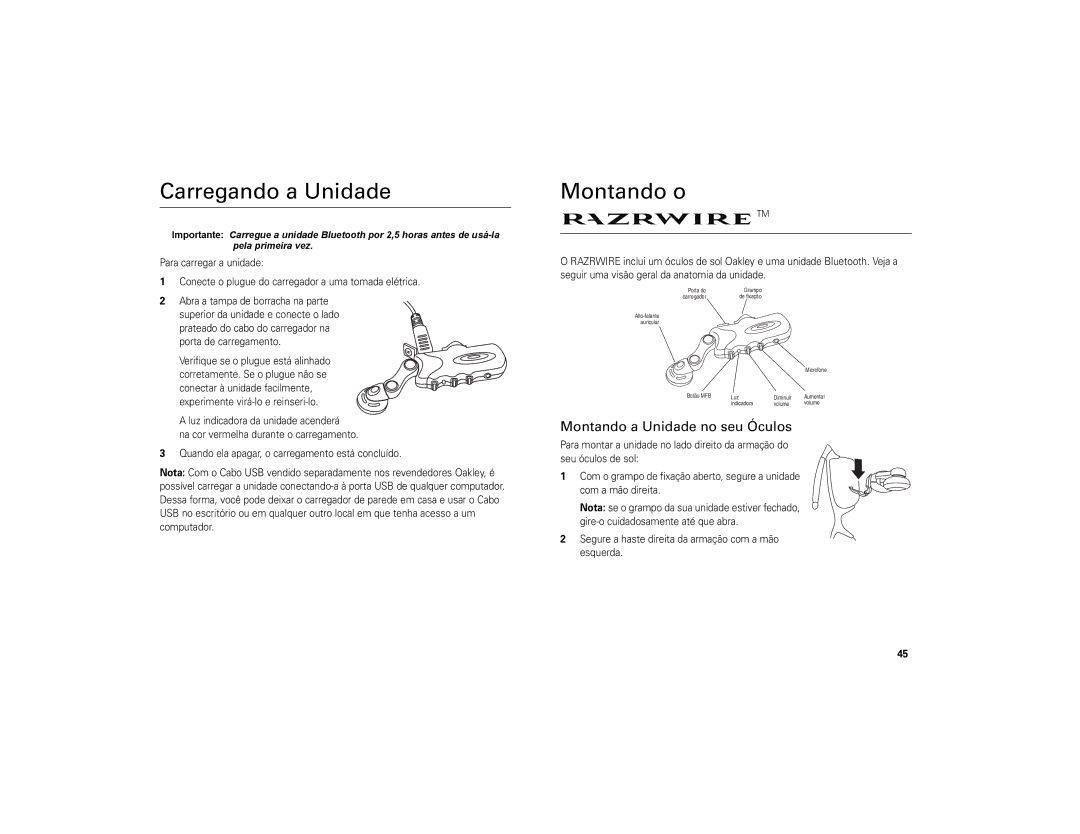 Motorola 6809494A40-O manual Carregando a Unidade, Montando o, Montando a Unidade no seu Óculos 