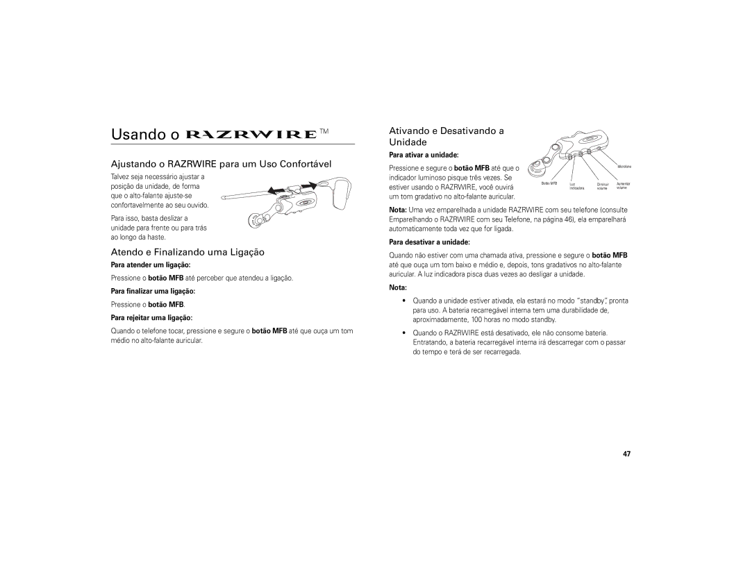 Motorola 6809494A40-O manual Usando o, Ajustando o Razrwire para um Uso Confortável, Atendo e Finalizando uma Ligação 