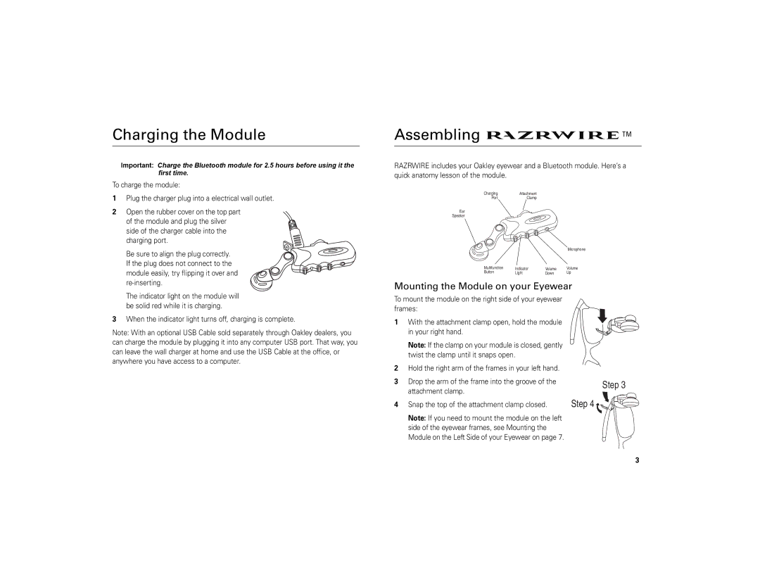 Motorola 6809494A40-O manual Charging the Module, Assembling, Mounting the Module on your Eyewear 