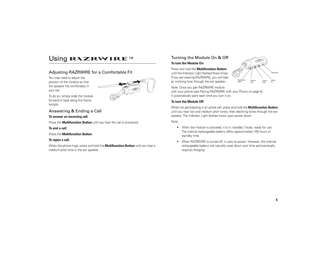 Motorola 6809494A40-O manual Using, Adjusting Razrwire for a Comfortable Fit, Answering & Ending a Call 