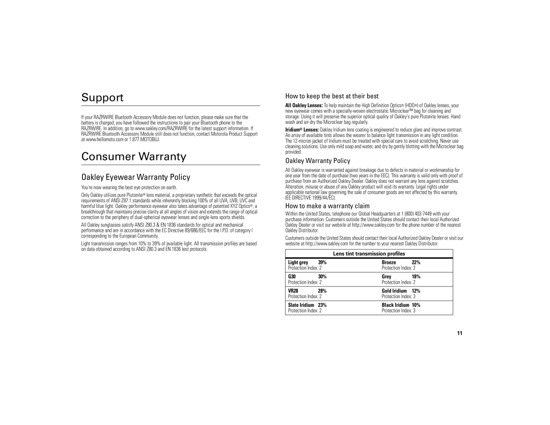 Motorola 6809494A40-O manual Support, Consumer Warranty, Oakley Eyewear Warranty Policy, Oakley Warranty Policy 