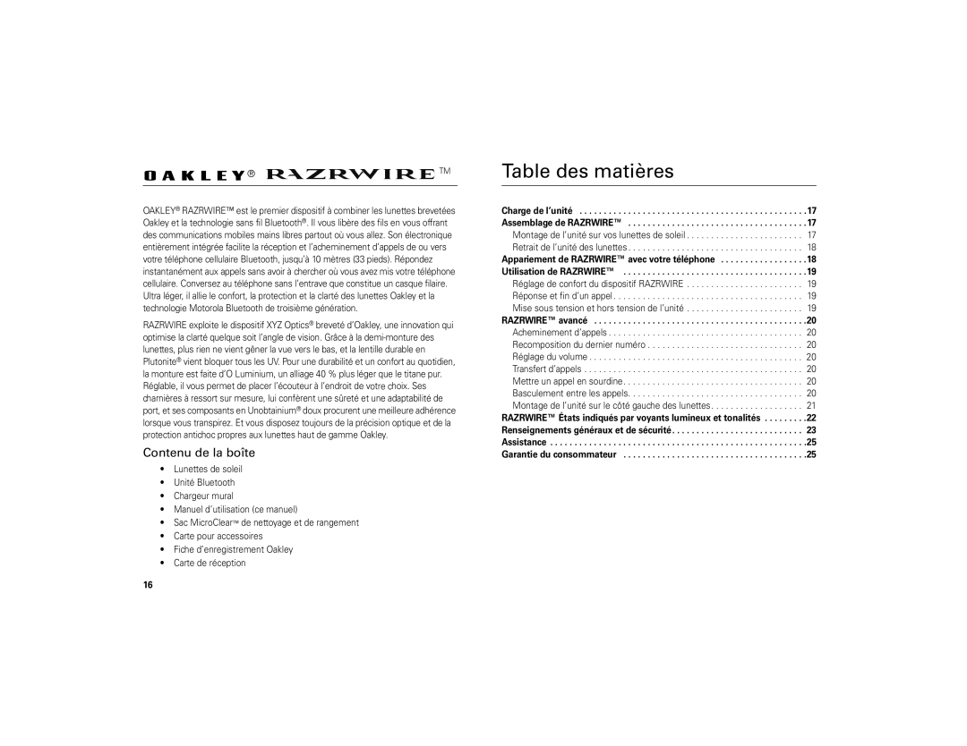 Motorola 6809494A40-O manual Table des matières, Contenu de la boîte 