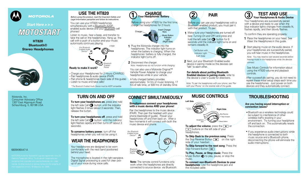 Motorola 6809496A47-A manual USE the HT820, Charge, Pair, Test and USE, Turn on and OFF, Wear the Headphones 
