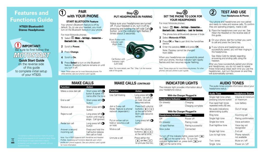 Motorola 6809496A47-A manual Make Calls Indicator Lights Audio Tones 