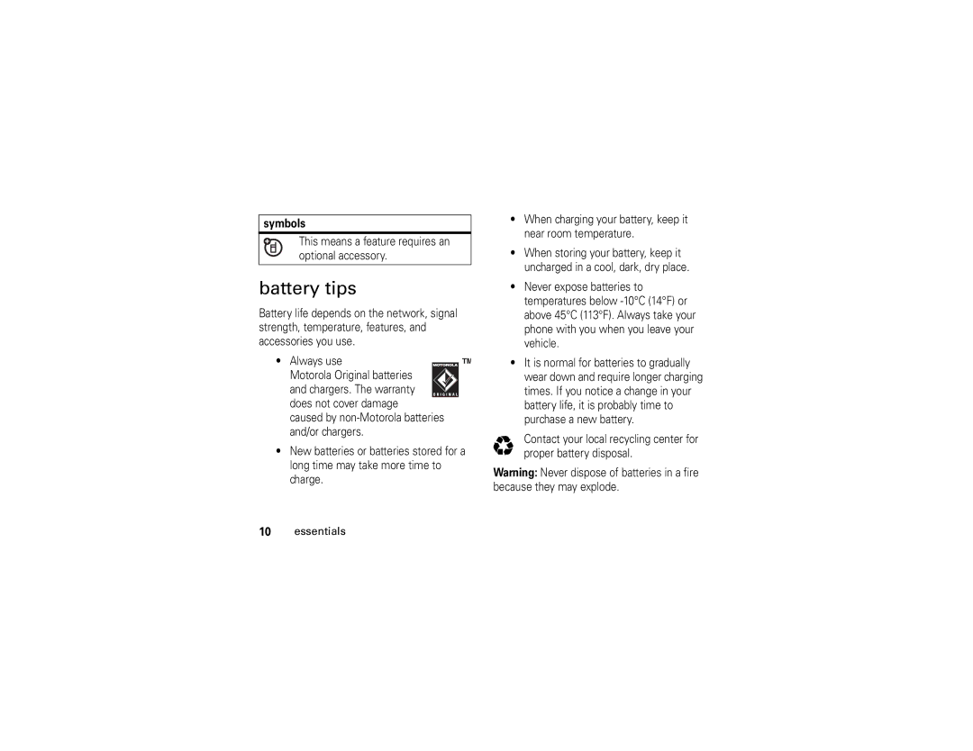 Motorola 6809502A01-C manual Battery tips 