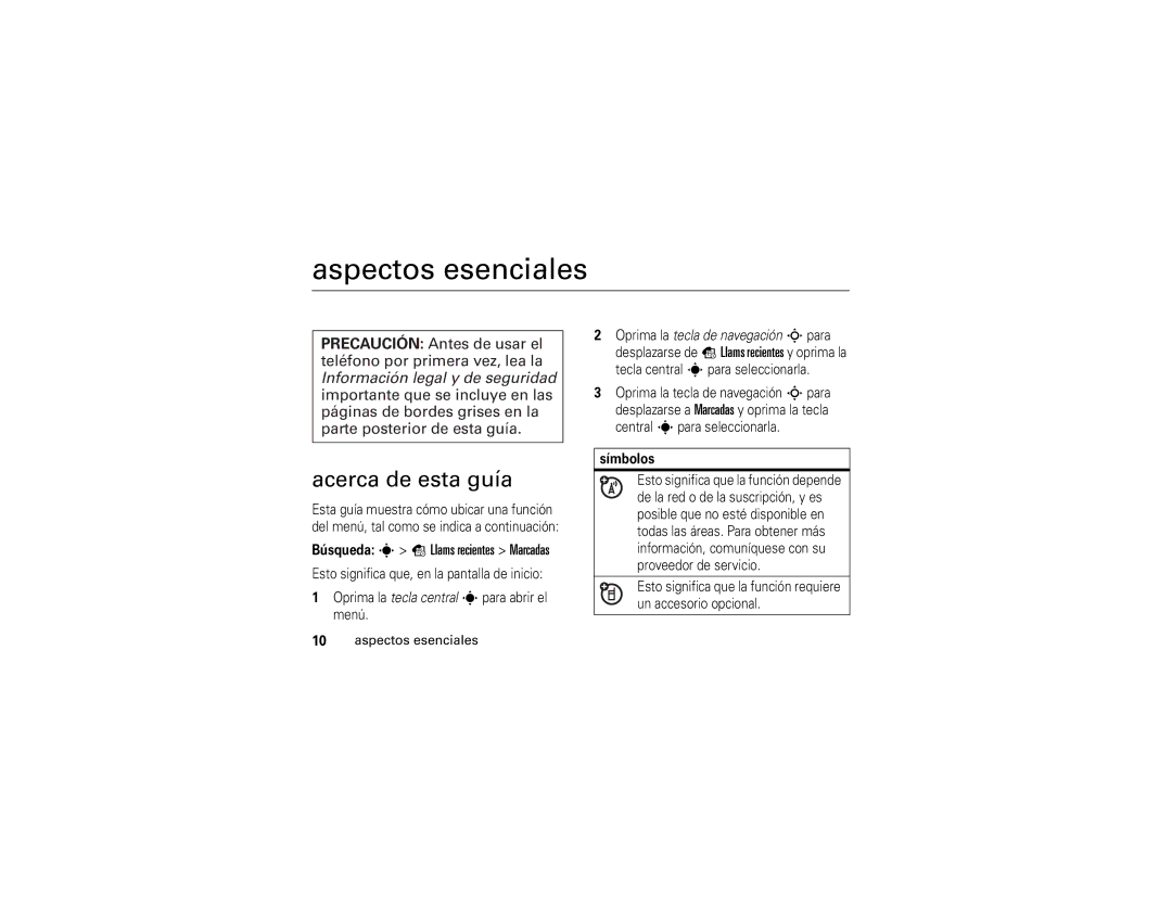 Motorola 6809502A01-C manual Aspectos esenciales, Acerca de esta guía, Búsqueda s s Llams recientes Marcadas, Símbolos 