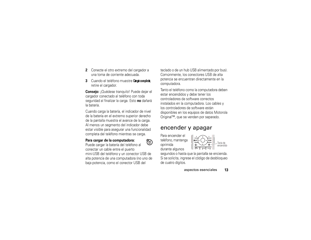 Motorola 6809502A01-C manual Encender y apagar, Para cargar de la computadora 