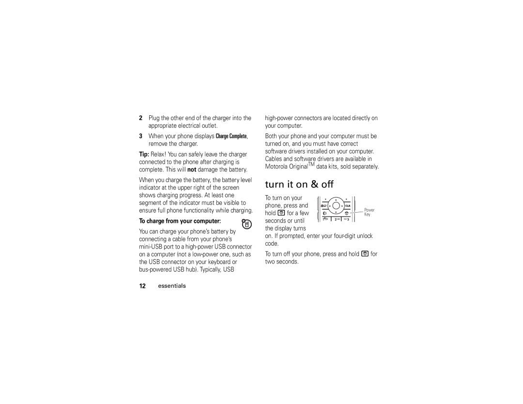 Motorola 6809502A01-C manual Turn it on & off, To charge from your computer 