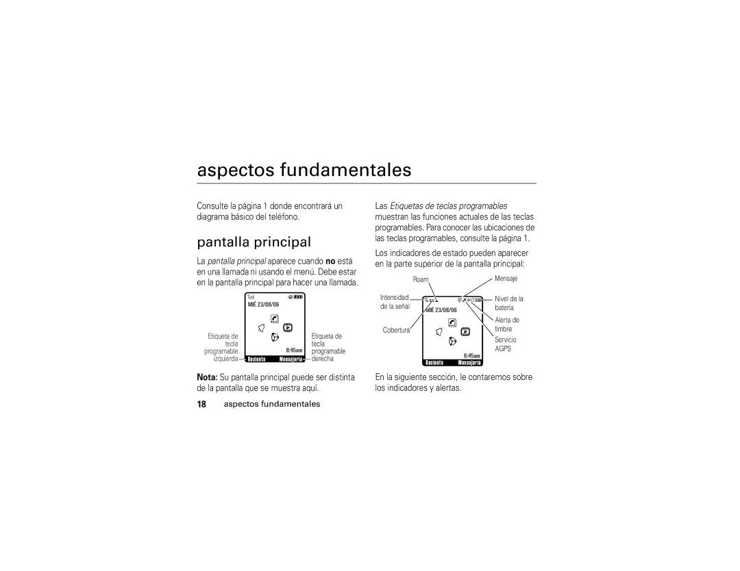 Motorola 6809502A01-C manual Aspectos fundamentales, Pantalla principal 