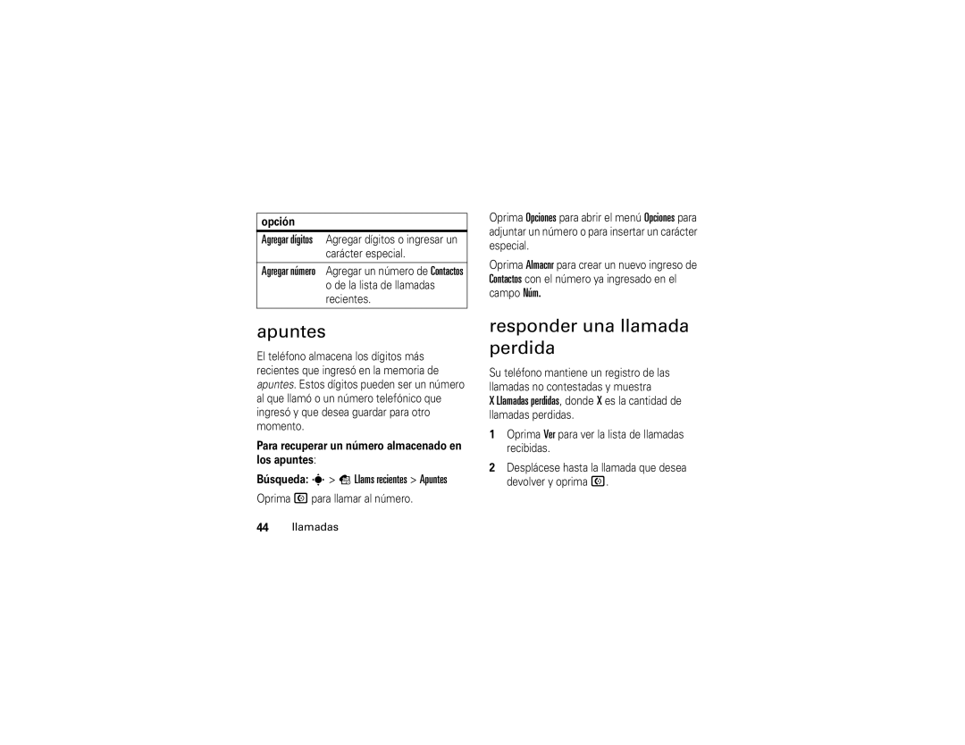 Motorola 6809502A01-C manual Responder una llamada perdida, Búsqueda s s Llams recientes Apuntes 