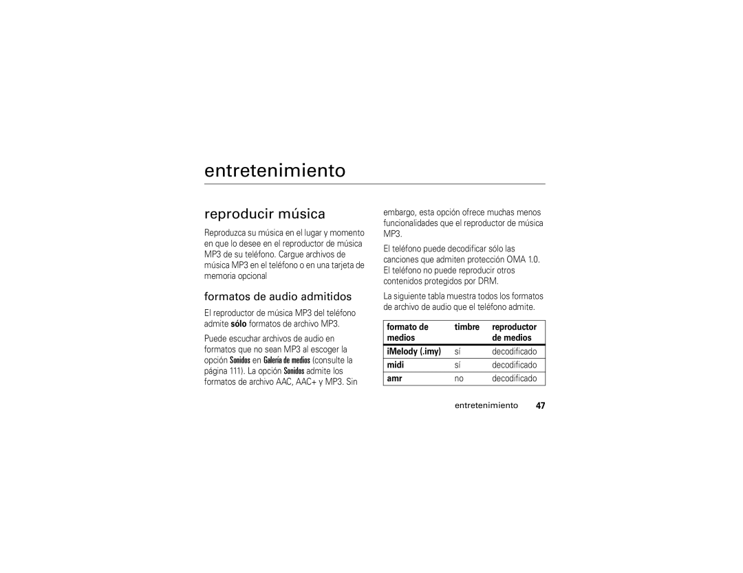 Motorola 6809502A01-C manual Entretenimiento, Reproducir música, Formatos de audio admitidos 