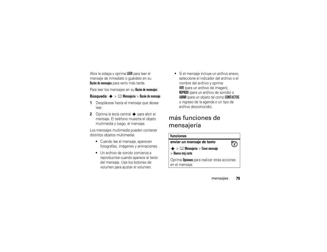 Motorola 6809502A01-C manual Más funciones de mensajería, Mensajería Crear mensaje Nuevo msj corto 