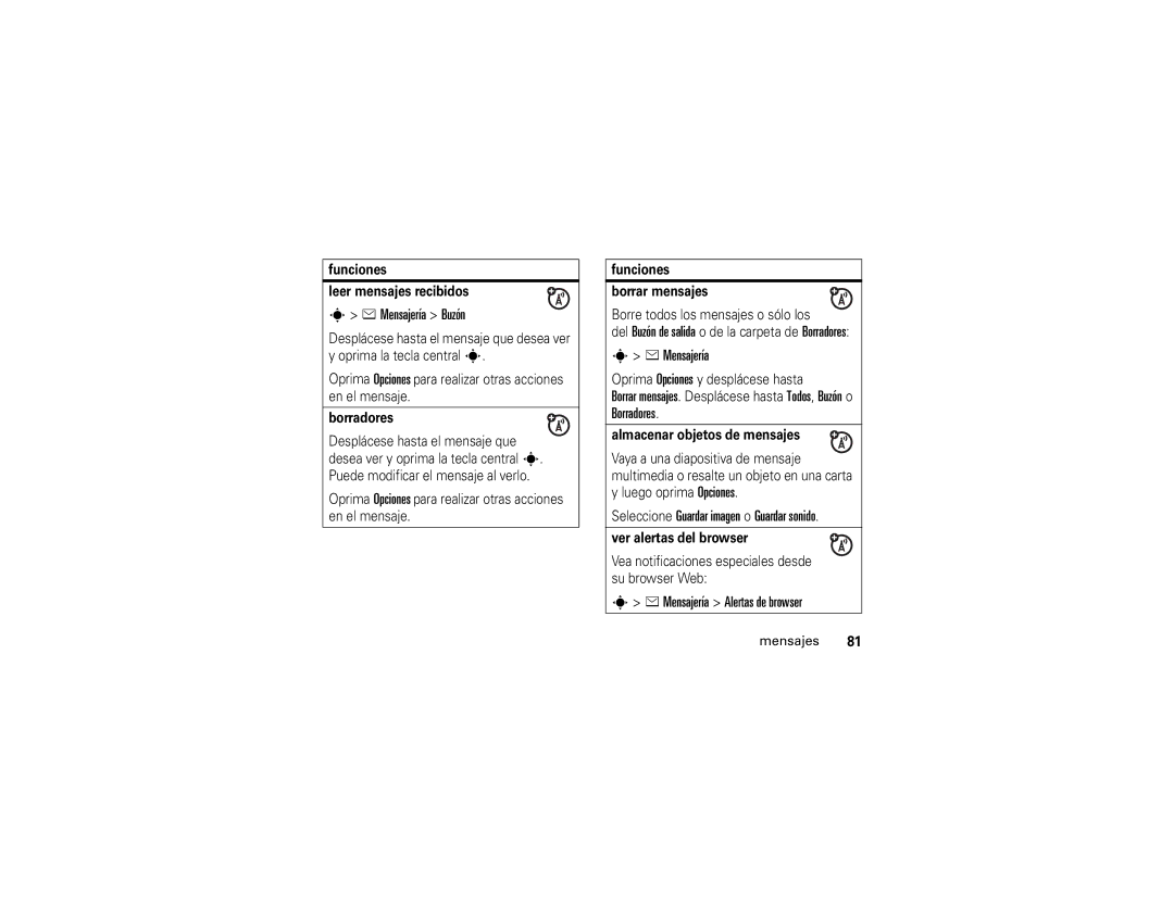 Motorola 6809502A01-C manual Mensajería Buzón, Seleccione Guardar imagen o Guardar sonido, Mensajería Alertas de browser 