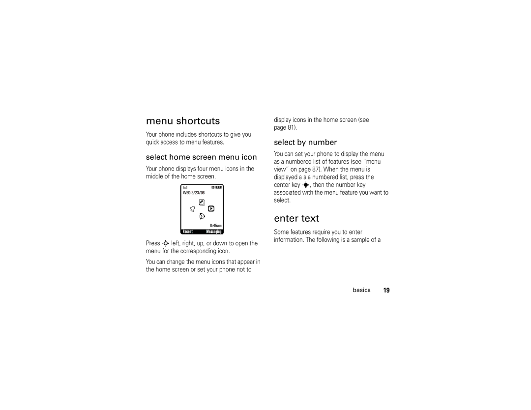 Motorola 6809502A01-C manual Menu shortcuts, Enter text, Select home screen menu icon, Select by number 