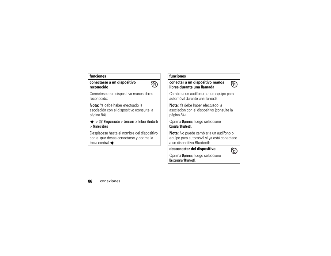 Motorola 6809502A01-C manual Programación Conexión Enlace Bluetooth Manos libres, Desconectar del dispositivo 