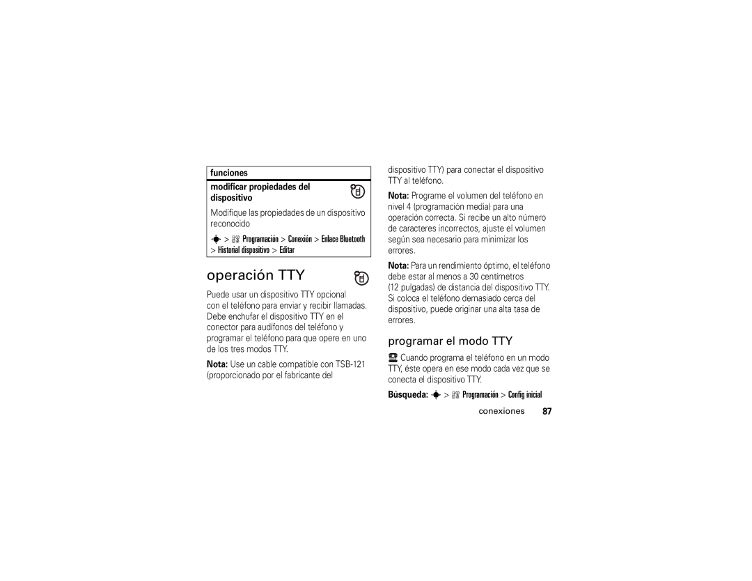 Motorola 6809502A01-C manual Operación TTY, Programar el modo TTY, Funciones Modificar propiedades del dispositivo 