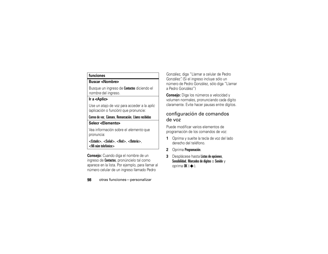 Motorola 6809502A01-C manual Configuración de comandos de voz, Oprima Programación 