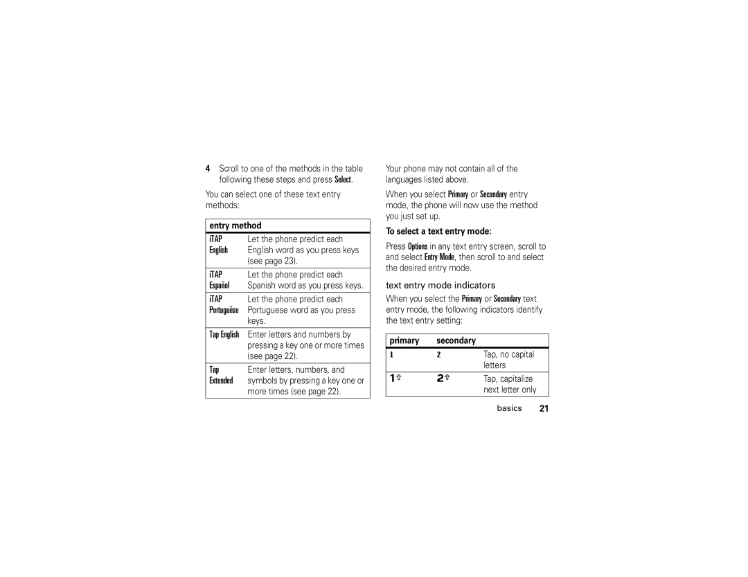 Motorola 6809502A01-C manual Itap, English, Español, Tap 