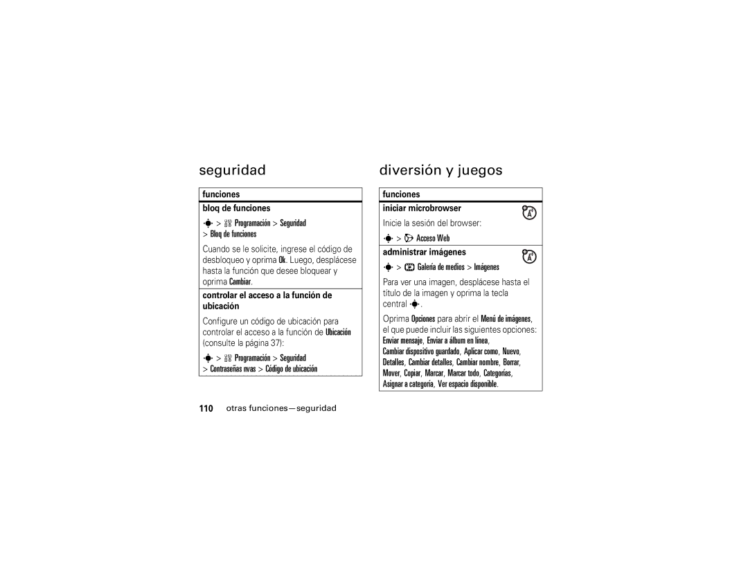 Motorola 6809502A01-C manual Seguridad, Diversión y juegos 