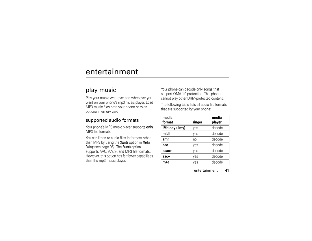 Motorola 6809502A01-C manual Entertainment, Play music, Supported audio formats 