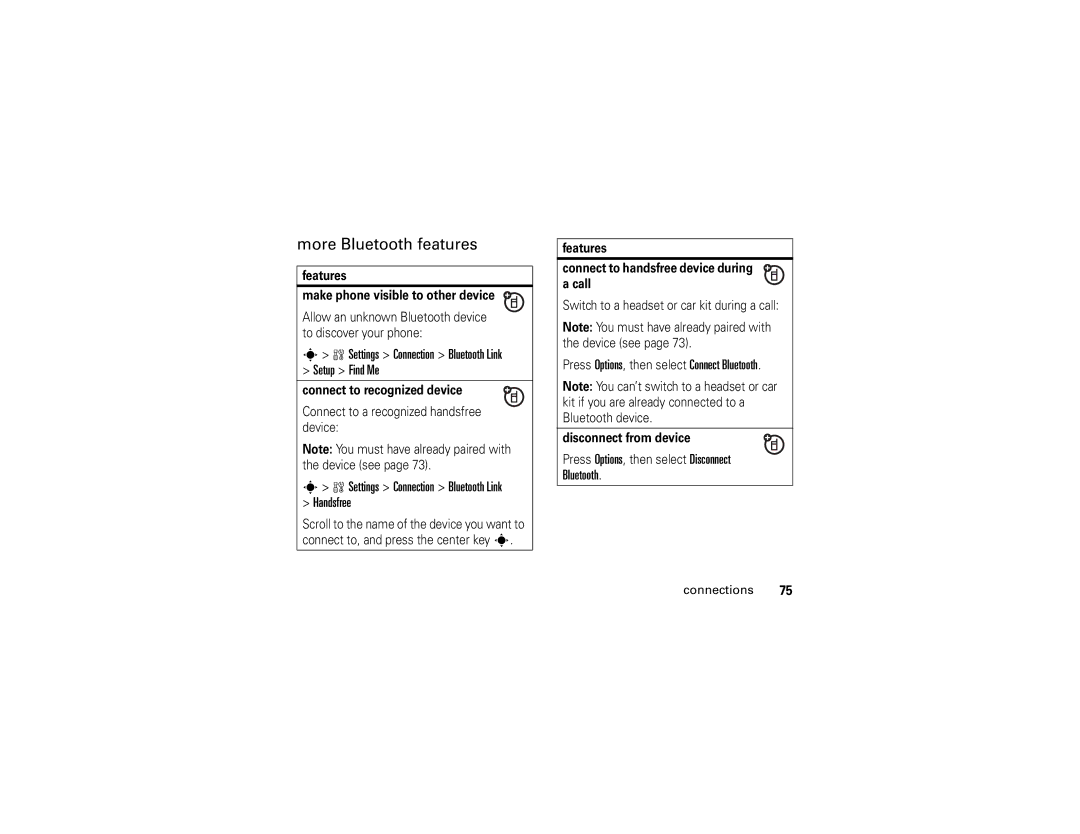 Motorola 6809502A01-C manual More Bluetooth features, Settings Connection Bluetooth Link Setup Find Me 