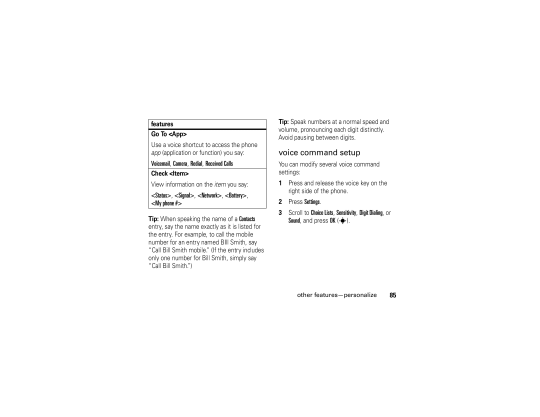 Motorola 6809502A01-C manual Voice command setup, Voicemail, Camera, Redial, Received Calls, Press Settings 