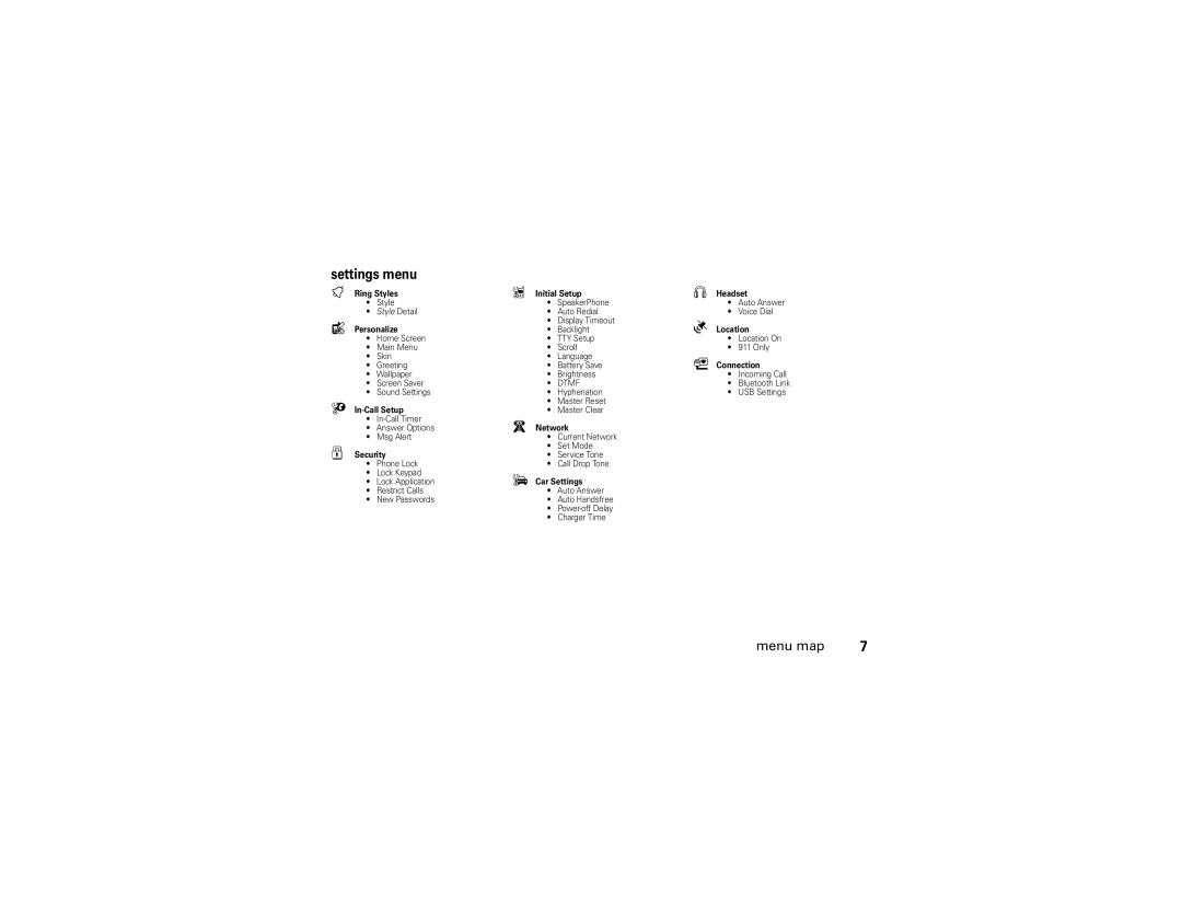 Motorola 6809502A01-C manual Settings menu, Connection 