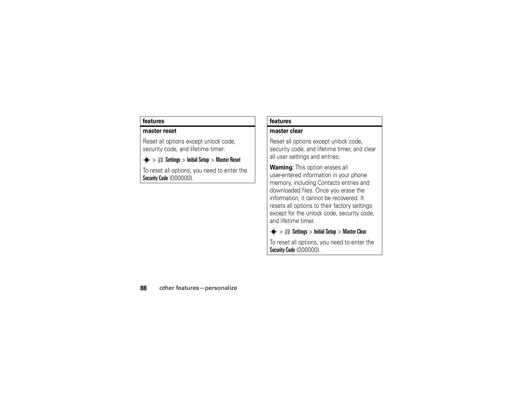 Motorola 6809502A01-C Settings Initial Setup Master Clear, Settings Initial Setup Master Reset, Features Master reset 