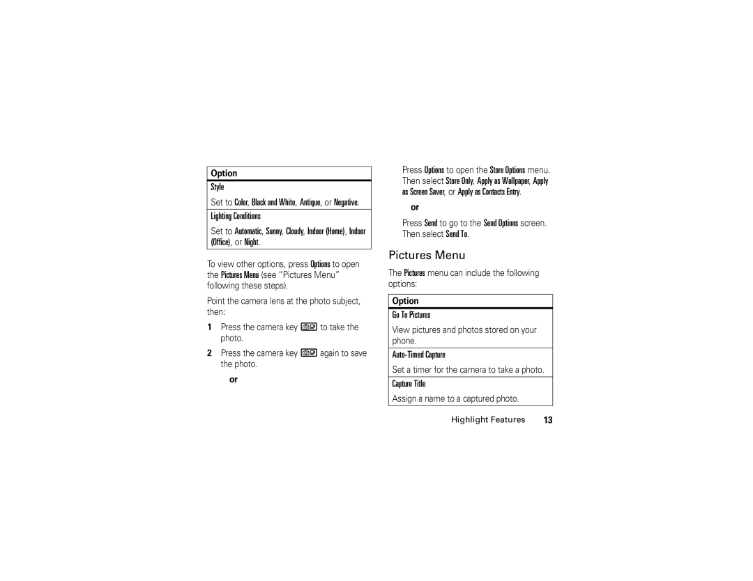 Motorola 6809504A81-A manual Pictures Menu, Style, Go To Pictures, Auto-Timed Capture, Capture Title 