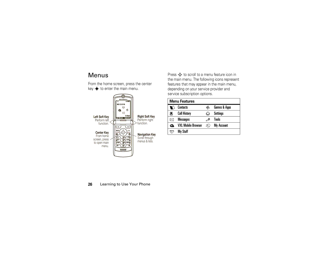 Motorola 6809504A81-A manual Menus, Contacts, Call History Settings Messages Tools, My Account, Menu Features 