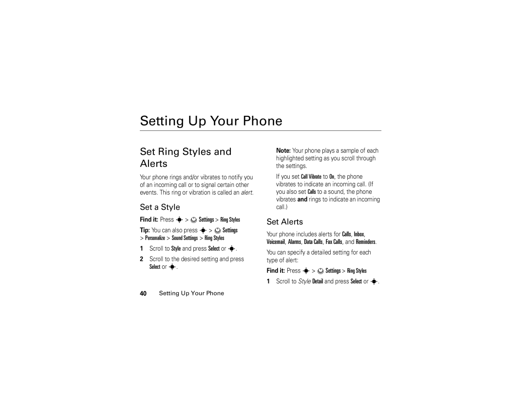 Motorola 6809504A81-A manual Setting Up Your Phone, Set Ring Styles and Alerts, Set a Style, Set Alerts 