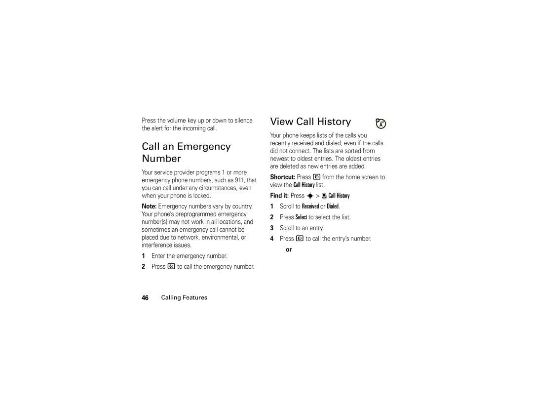 Motorola 6809504A81-A manual Call an Emergency Number, View Call History 